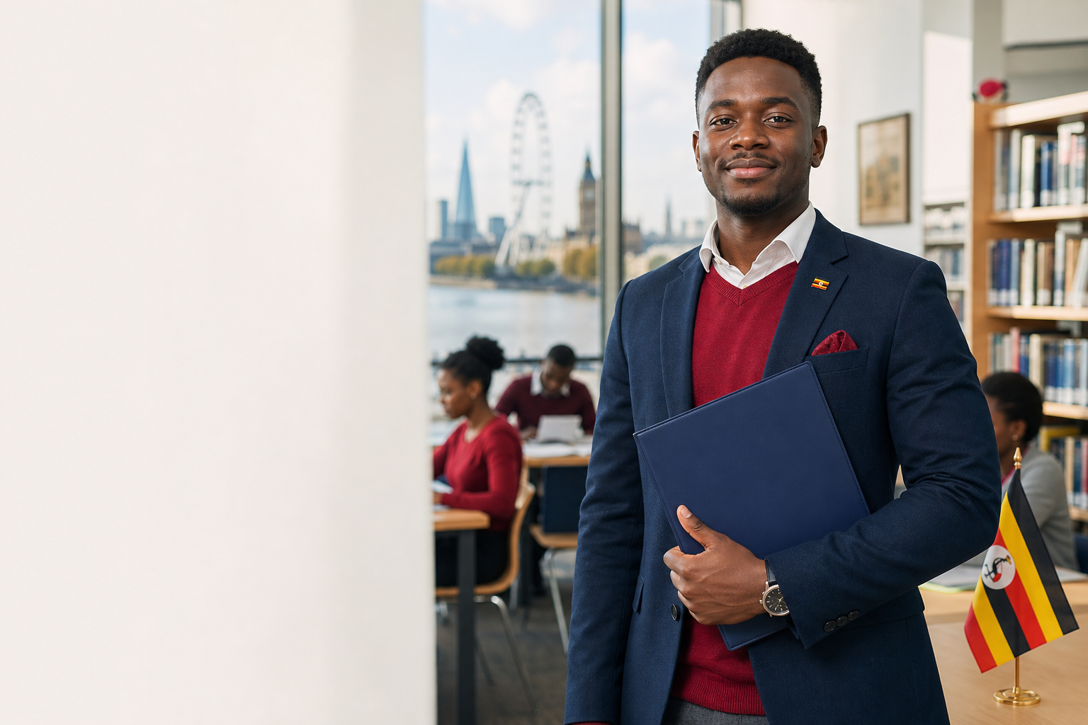 Ugandan postgraduate student preparing for UK scholarship study in a university library