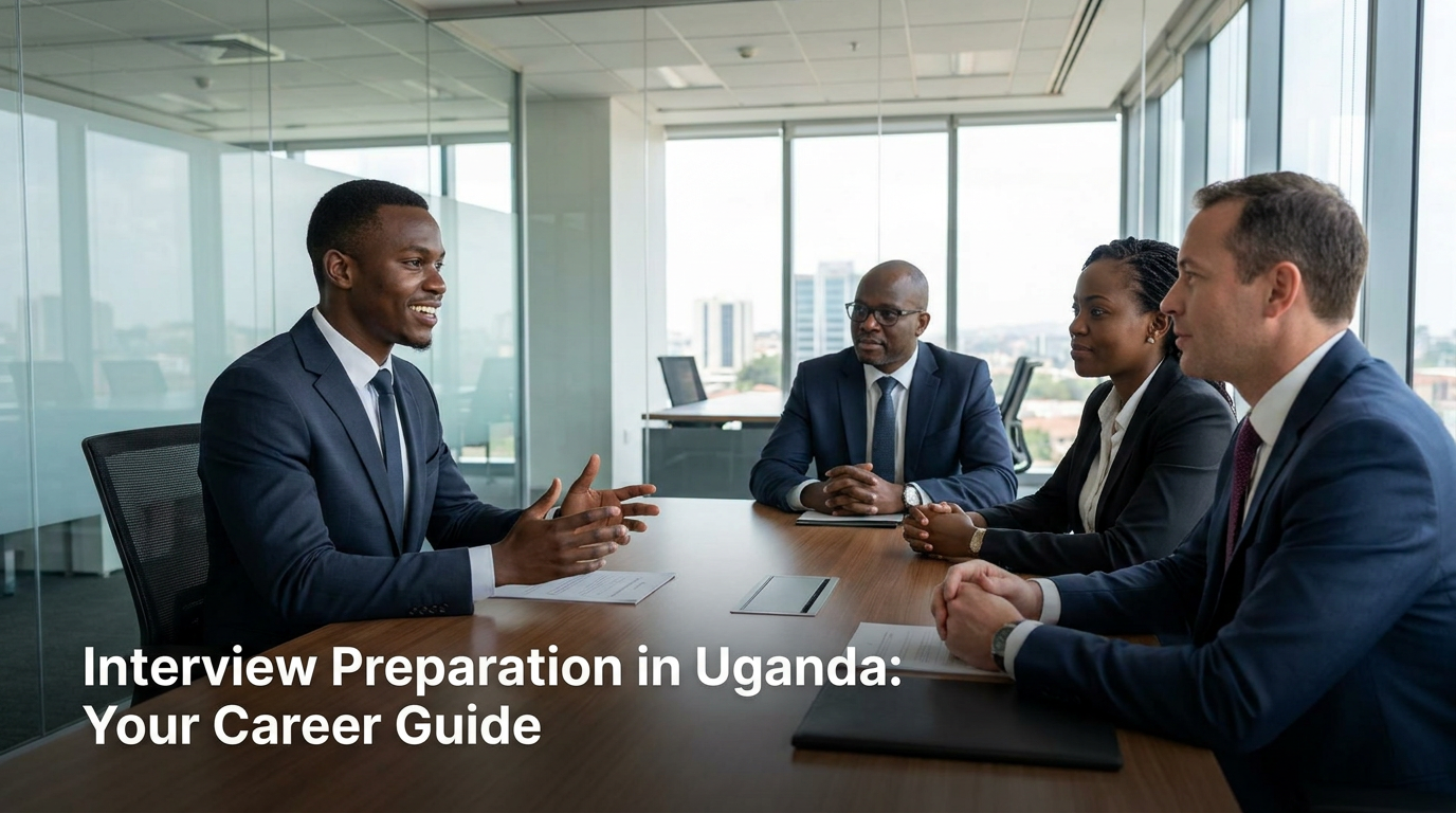 Young Ugandan job seeker in a formal interview with a panel of employers in a modern office