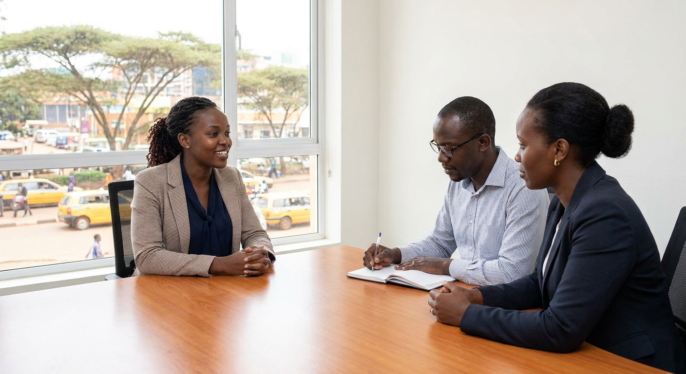 Ugandan job candidate answering questions confidently in a mock interview with two interviewers in a bright office