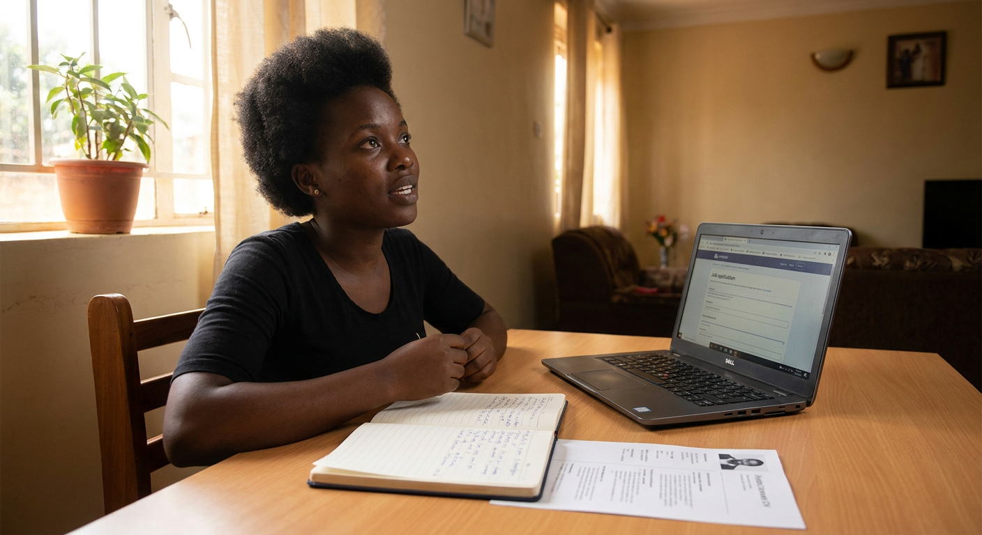 Fresh graduate in Uganda practising interview answers at home with a notebook CV and laptop