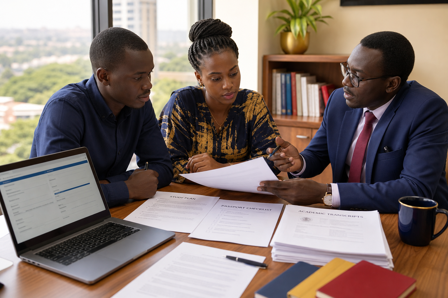Ugandan scholarship applicants reviewing a study plan, transcripts and passport checklist with a mentor